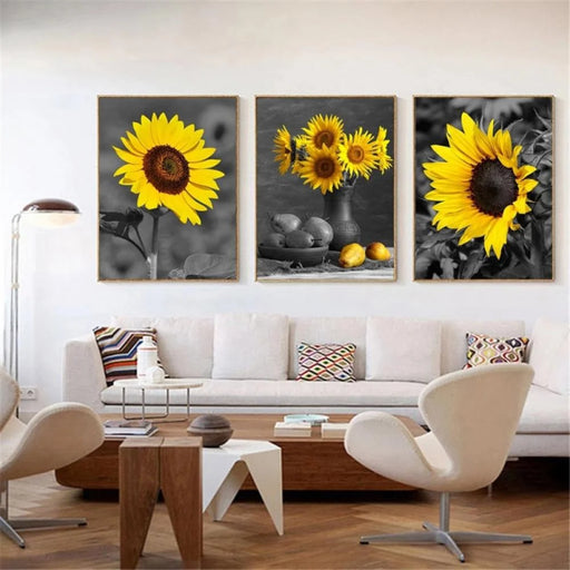 AUQ Sunflower Decor Pictures Wall Art - 3 Pieces Canvas Prints Sunflower Wall Decor for Living Room Kitchen Bathroom Simple Life Flower Painting Artwork