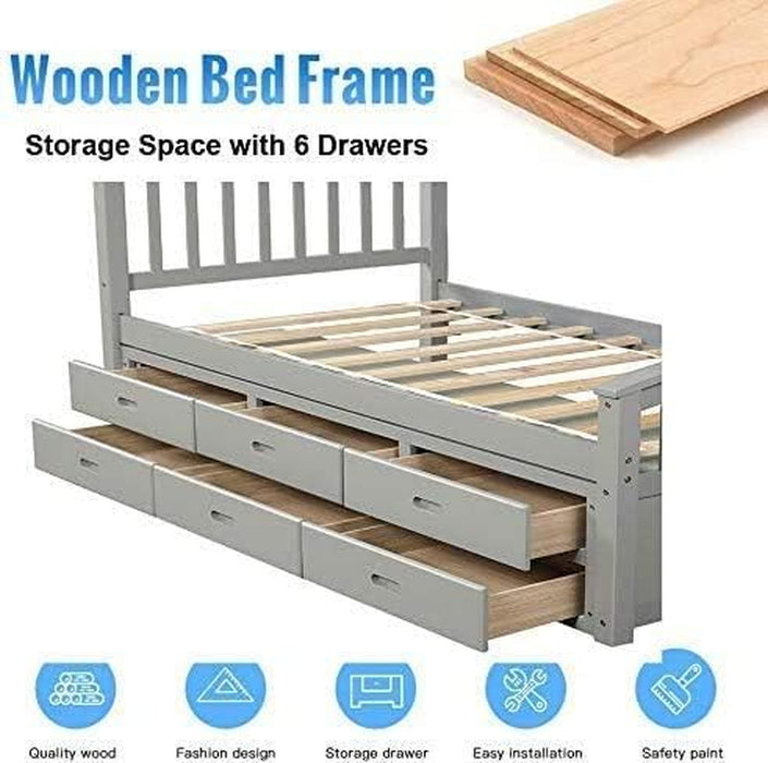 Platform Storage Bed Solid Wood Bed with 6 Drawers Twin Size