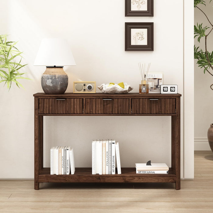 Fluted Wood Console Table with 3 Drawers, Boho Narrow behind Couch Entryway Table with Open Storage Shelf, Modern Sofa Table for Living Room, Foyer and Hallway (Dark Walnut)