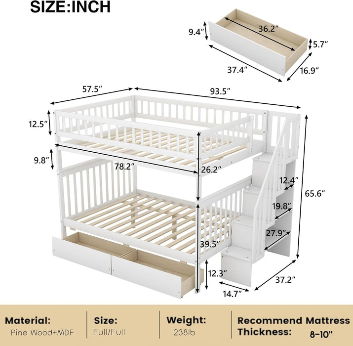 Full Over Full Bunk Bed GrayStairsWithDrawersStorageSystem