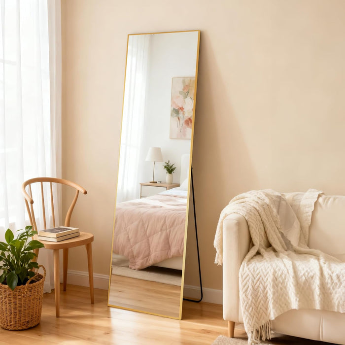 Full Length Mirror with Stand, Full Body Standing Mirror-55"X16", Gold