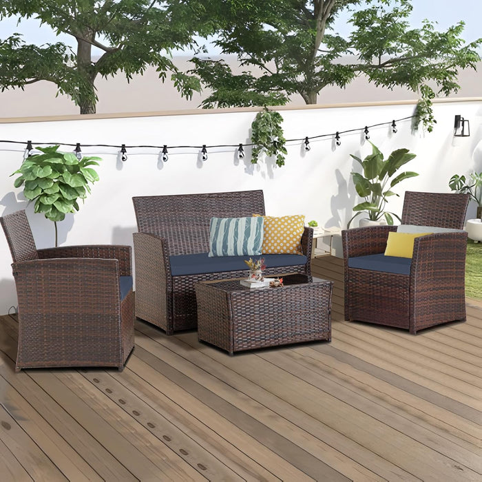 4 Piece Outdoor Patio Furniture Sets, Wicker Sectional Conversation Sofa Set, Rattan Table and Chairs and Loveseat with Cushions for outside Balcony Porch Backyard (Brown-Blue)