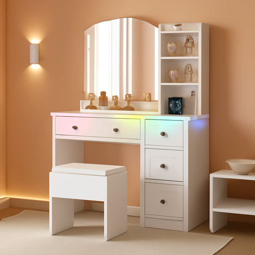 App & Button Controlled RGB Vanity with Arc Mirror, Small Makeup Vanity Table Set with Drawers & Chair, 3 Lighting Modes & Adjustable Brightness with Power Outlet, Vanity for Women Girls Bedroom