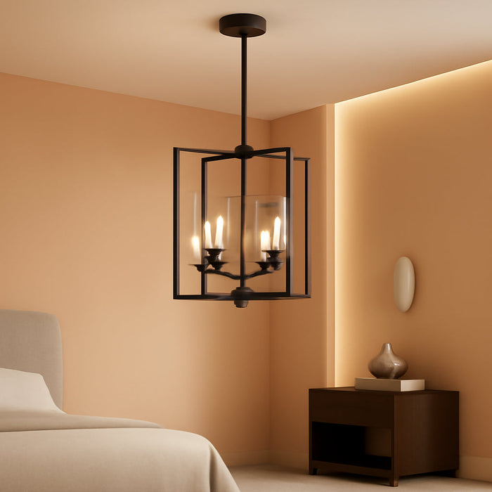 Black Chandeliers for Dining Room, 4-Light Entryway Chandelier for Foyer, 15.7" Hanging Kitchen Light Fixtures Geometric Modern Farmhouse Chandelier for Entryway Hallway Living Room Stairway