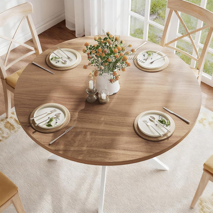 47.2 Inch round Dining Table for 4 | Farmhouse Wood Kitchen Table, Circle Dinner Table for Kitchen & Dining Room, Walnut & White