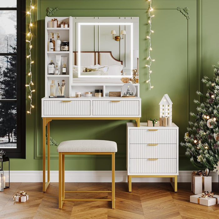 Makeup Vanity Desk with Mirror and Lights, Vanity Table with 5 Drawers, Vanity Set with Stool and Removable Side Storage Cabinet for Bedroom, White & Gold