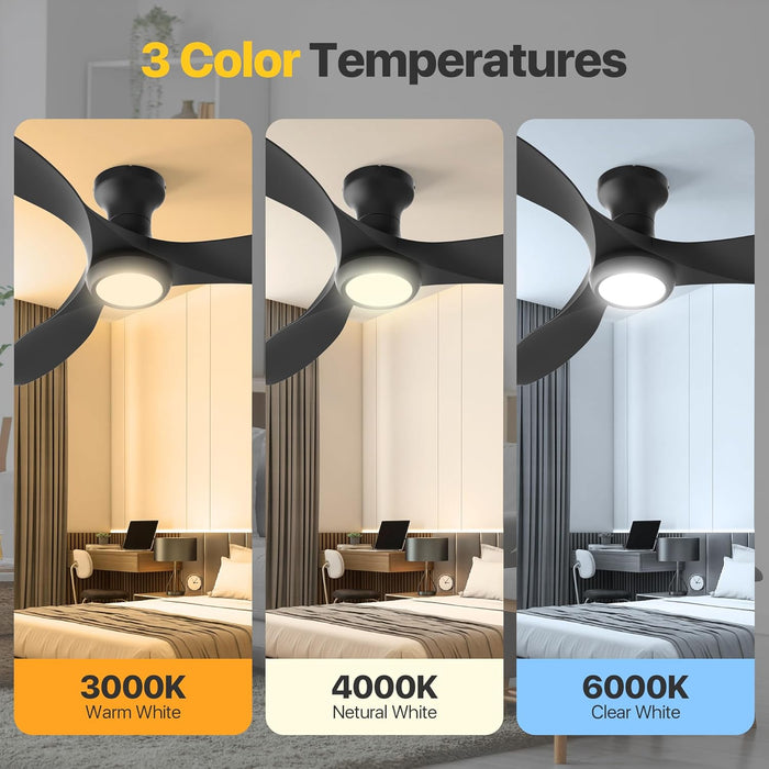 52 Inch Flush Mount Ceiling Fan with Light and Remote, Black Low Profile Ceiling Fans with Lights for Bedroom Living Room, 3 ABS Blades, Modern Quiet Reversible DC Motor, 3CCT, 6 Speeds