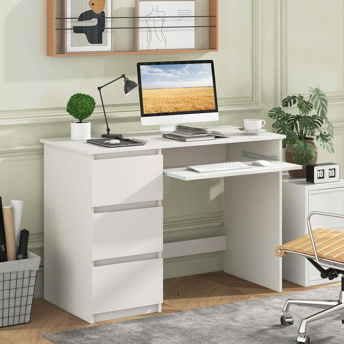 White Desk with 3 Storage Drawers & Built-In Charging Station, Home Office Desk with Keyboard Tray, PC Desk Study Writing Table, Vanity Table for Bedroom, Computer Workstation (White)