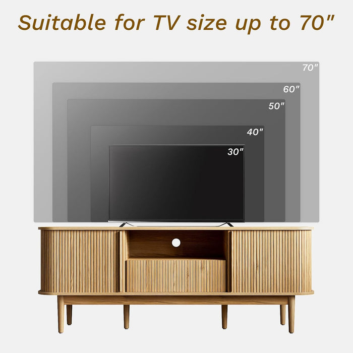 63" Tambour TV Stand, Fluted TV Stand for Tvs up to 70'', Modern Entertainment Center with Storage, Wood Media Console with Sliding Doors for Living Room, Natural