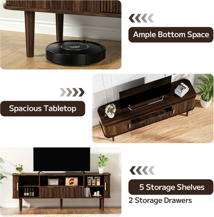 62.4 Inch Fluted TV Stand, Modern Media Console Table with Sliding Tambour Door Farmhouse Sideboard Buffet Cabinet Fits Tvs up to 75 Inch, Wood Entertainment Center for Living Room(Dark Wood)