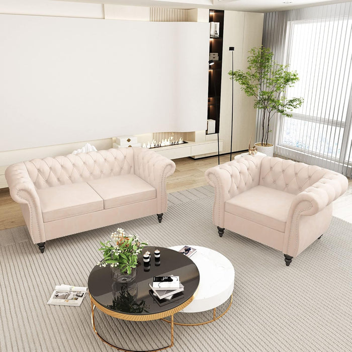 2 Piece Living Room Set, Chesterfield Velvet Sofa Loveseat Couch Chair with Scroll Arms and Nailhead for Living Room, Office (Beige, 1-2)