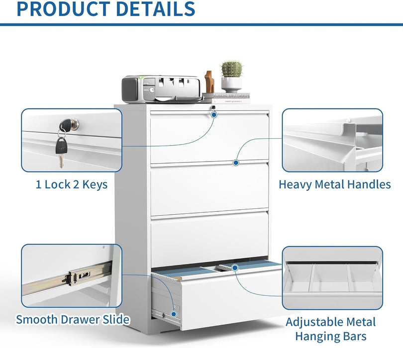 Lateral File Cabinet 4 Drawer, Metal File Cabinets for Home Office Legal/Letter A4 Size, File Cabinet with 4 Lock, Require Assembly(White)