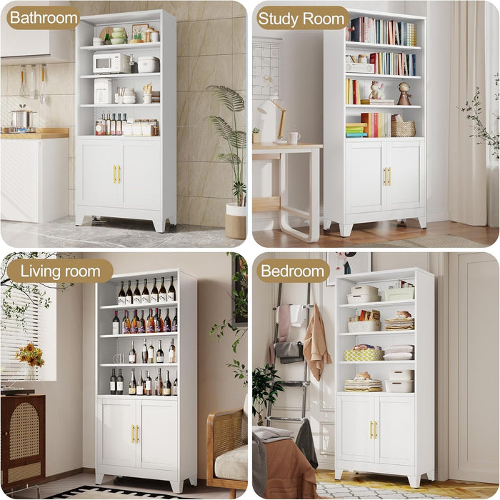 71" H Tall Metal Bookcases and Bookshelves with 2 Doors and Adjustable Shelves, White Tall Storage Cabinet Industrial Bookshelf 6-Tier Open Display Shelf，Decor Furniture for Living Room
