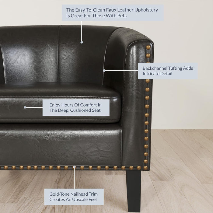 Accent Barrel Chair, Modern Faux Leather Tub Club Chair Upholstered Armchair with Gold Nail Head Trim and Black Legs for Living Room Bedroom Apartment Lounge - Dark Brown