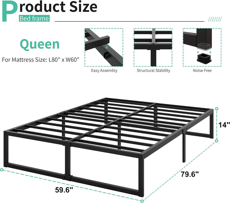 14 Inch Queen Bed Frame with Heavy Duty Steel Slat Support