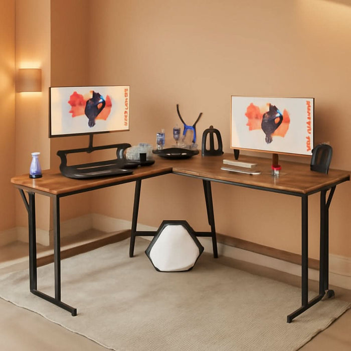 L Shaped Gaming Desk Computer Corner Desk PC Gaming Desk Table with Large Monitor Riser Stand for Home Office Sturdy Writing Workstation (Classical Brown, 51 Inch)