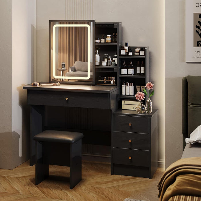 Black Makeup Vanity Desk with Sliding Mirror & 4 Drawers | Smart LED Mirror, 3 Adjustable Lighting Modes, Vanity Chair, 4 Drawers, 7 Shelves, Dressing Table for Women, Girls
