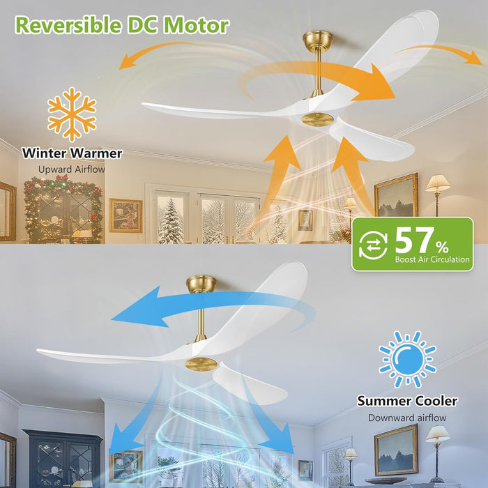 52 Inch Ceiling Fans without Lights, Wood Ceiling Fan No Light with Remote Control and DC Motor, Indoor Outdoor Ceiling Fan Morden Living Room Bedroom 3 Blades Propeller, White Gold