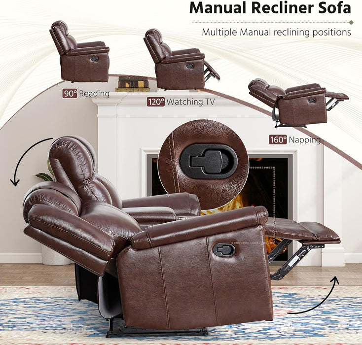 Geniune Leather Manual Loveseat Recliner Sofa Set of 2 with Center Console, Overstuffed 2-Seater Reclining Couch with Hidden Storage & Cup Holders, 2 Dual Recliner for Living Room, Rust Brown