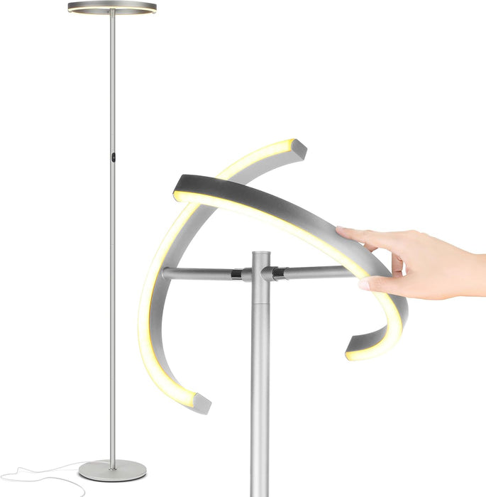 Halo Split Floor Lamp, Modern Bright LED Torchiere Floor Lamp for Offices - Dimmable, Tall Standing Lamp for Living Room or Bedroom - Adjustable Light W/Rotating Angles - Platinum Silver