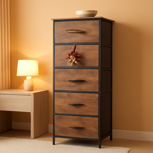 Fabric Dresser, 5-Drawer Tall Dresser for Bedroom, Storage Dresser Organizer with Fabric Bins, Wood Top, Sturdy Steel Frame, Chest of Drawers for Closet, Hallway, Rustic Brown Wood Grain Print