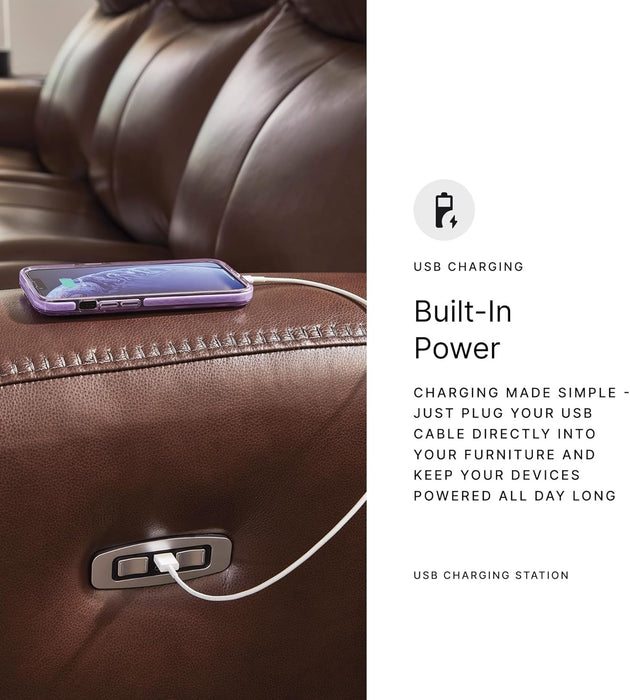 Mighty Moves Transitional Leather Match Power Reclining Sofa with Adjustable Headrest and USB Charging Port, Dark Brown