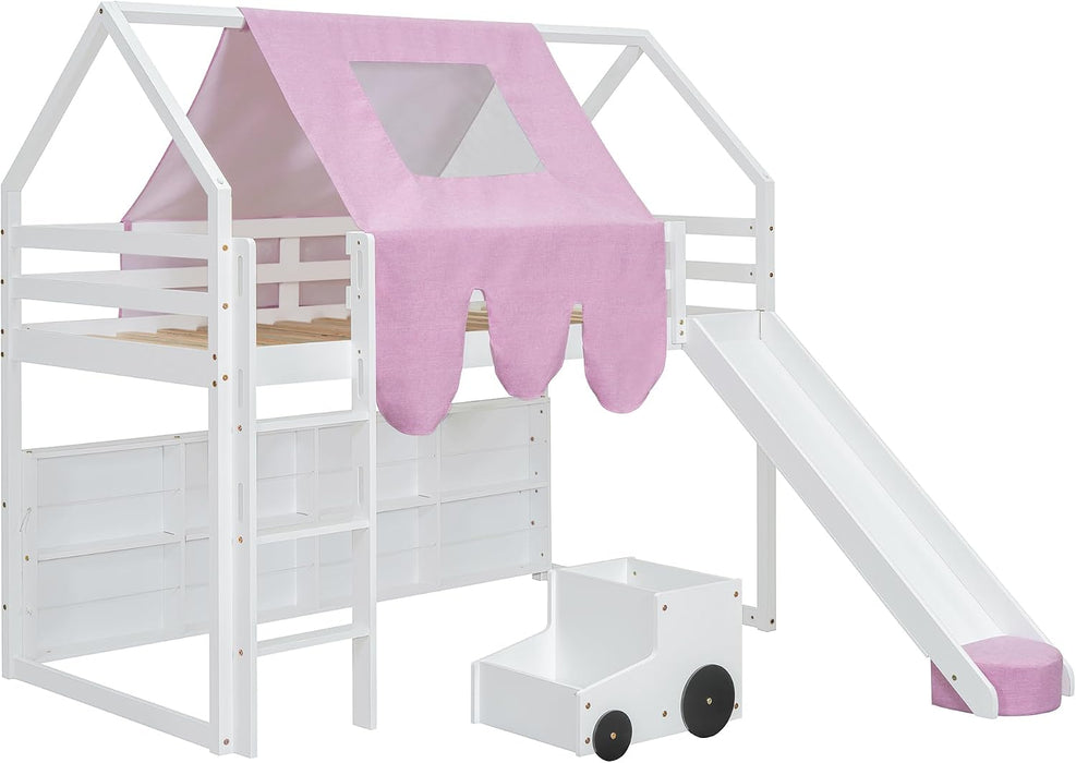Twin Size Loft Bed With Slide PlayhouseCastleFortress