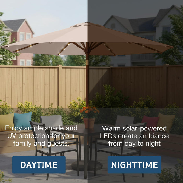 9' Solar LED Patio Umbrella with Tilt & Crank|8 Sturdy Ribs,Uv Protection,Outdoor Market Table Umbrella for Deck,Lawn,Pool,Backyard(Beige)