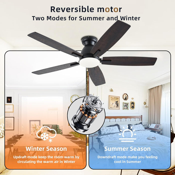 52 Inch Brown Modern Ceiling Fans with Lights, Low Profile Ceiling Fan with Remote/App Control, DC Reversible Motor, Dimmable LED Ceiling Fans for Bedroom,Indoor/Outdoor