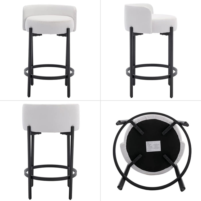 Counter Height Bar Stools 26" round Barstools Set of 2, Modern Faux Leather Counter Stools with Black Metal Legs for for Kitchen Island Counter, Small Space, White