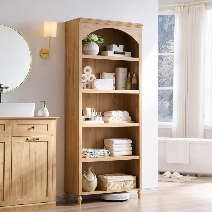 76" Tall Arched Bookcase, Farmhouse 5 Tiers Large Arched Bookshelf Cabinet with Adjustable Shelves, Modern Wooden Book Shelf W/Storage and Open Display Shelves for Living Room, Office-Natural