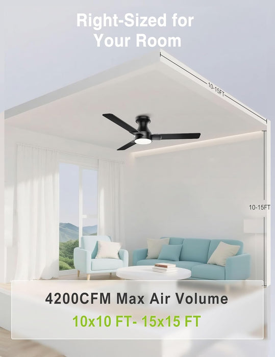 42 Inch Ceiling Fans with Lights,3 Blades,6Cct, Low Profile Ceiling Fan with Light and Remote Control,Ceiling Fan for Bedroom, Kitchen,Indoor/Outdoor Use,Flush Mount-Black