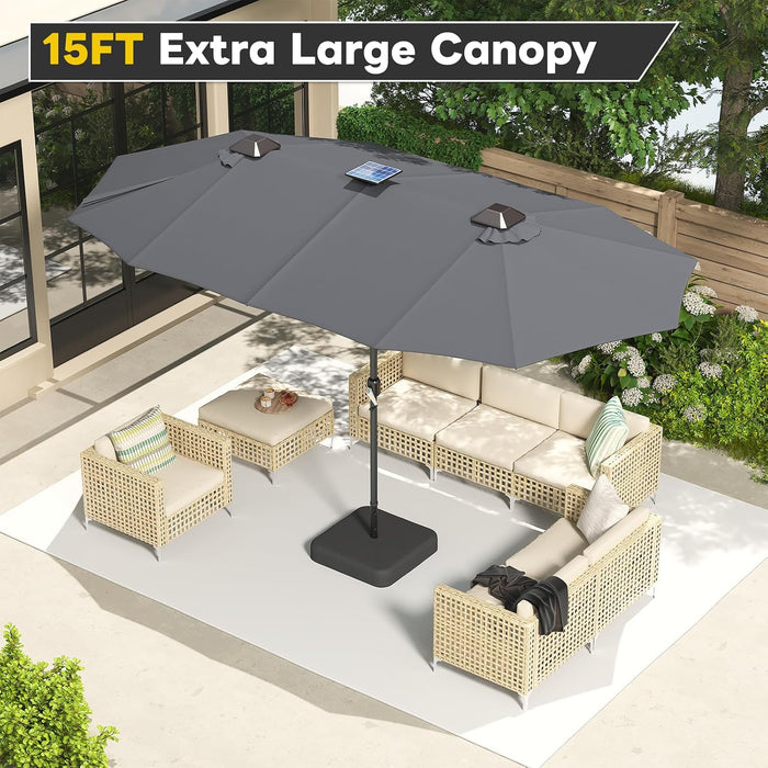 15Ft Double-Sided Patio Umbrella with Solar Lights, Outdoor Rectangle Market Large Patio Umbrella with Base Include|Crank Handle|156 PCS LED Lights for Garden Deck Pool in Grey(1.9" Pole)