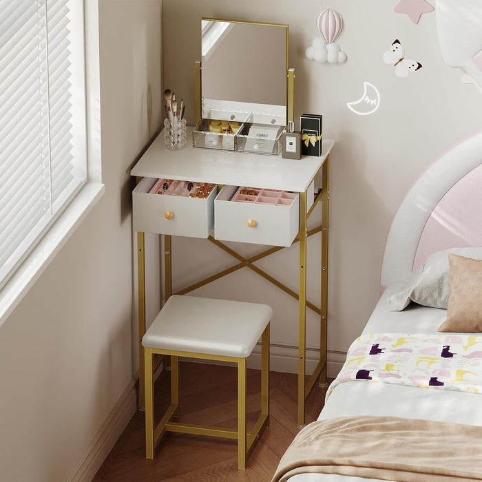 Small Makeup Vanity Desk with Mirror & Chair, Mini Vanity Desk Table Set with Fabric Storage Drawer, 19.7" Compact Vanity Desk for Girls, Dressing Table with Chair for Bedroom, White Golden