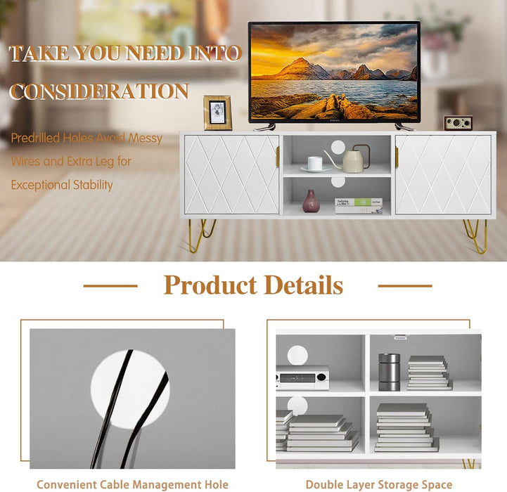 White TV Stand for Bedroom Entertainment Center Wood up to 55 Inch Large TV Console Media Cabinet with 2 Storage Cabinet and Shelves Home Support TV up to 65 Inch Stand for Living Room (White)