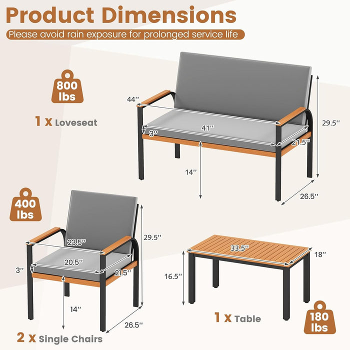 8 Pieces Patio Furniture Set, Outdoor Conversation Set with Acacia Wood Coffee Table, Cushioned Loveseat & 2 Single Armrest Chairs, for Porch, Garden, Backyard, Poolside