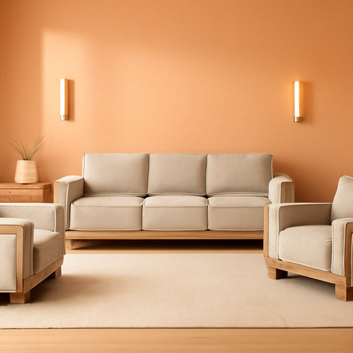 Oran Modern 3-Piece Fabric Upholstered Sofa Set with Track Arms and Reversible Loose Pillow Backs for Living Room, Home Office, Apartment, Light Brown and Natural