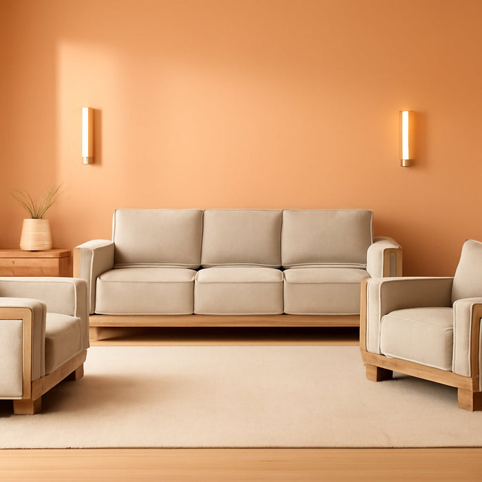 Oran Modern 3-Piece Fabric Upholstered Sofa Set with Track Arms and Reversible Loose Pillow Backs for Living Room, Home Office, Apartment, Light Brown and Natural