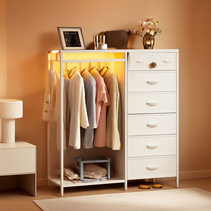 43" W White Dresser for Bedroom with Hanging Rack, Reversible 6 Drawers Dresser with Led Lights & Charging Station, Fabric Closet Dressers & Chest of Drawers with Clothes Rack for Girls, Kids