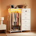 43" W White Dresser for Bedroom with Hanging Rack, Reversible 6 Drawers Dresser with Led Lights & Charging Station, Fabric Closet Dressers & Chest of Drawers with Clothes Rack for Girls, Kids