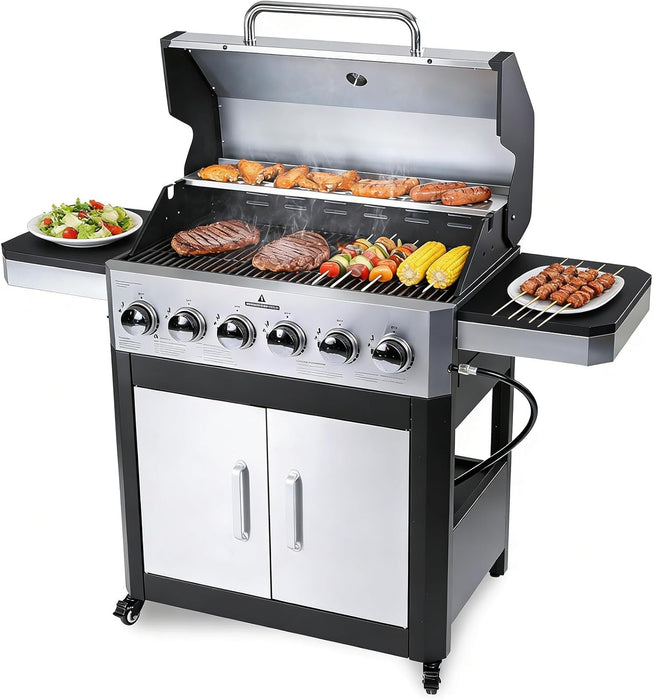 6 Burner Propane Gas Grill, 60,000 BTU Outdoor BBQ Grill with Cast Iron Cooking Grates, Stainless Steel Warming Rack, Built-In Thermometer, Electronic Ignition, Side Shelves, Storage Cabinet