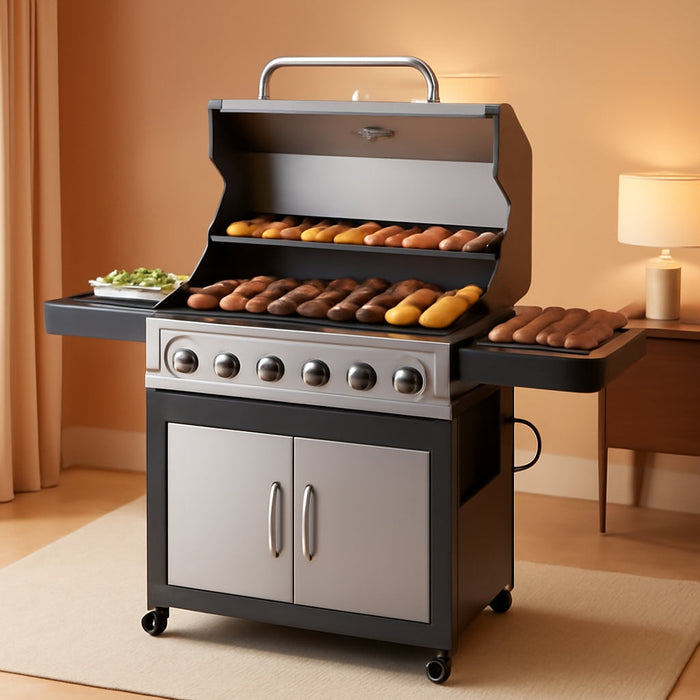 6 Burner Propane Gas Grill, 60,000 BTU Outdoor BBQ Grill with Cast Iron Cooking Grates, Stainless Steel Warming Rack, Built-In Thermometer, Electronic Ignition, Side Shelves, Storage Cabinet