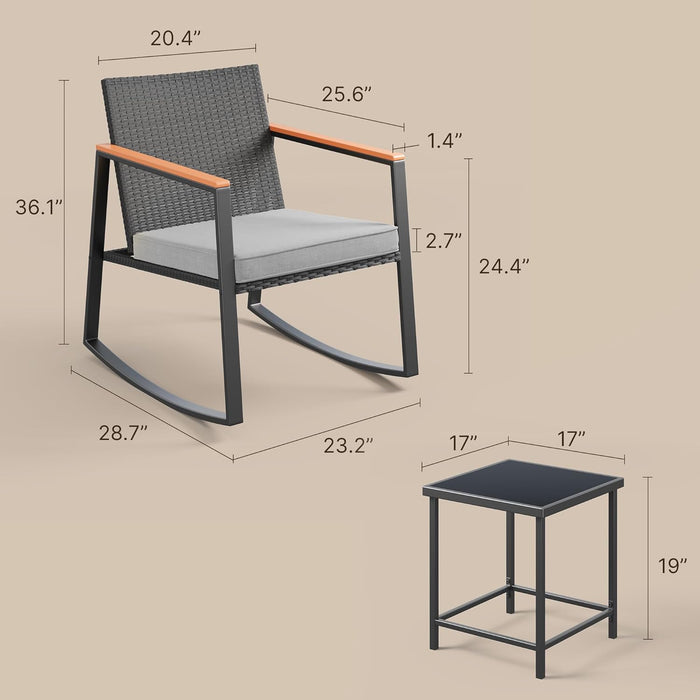 3 Pieces Rocking Patio Bistro Set with Anti-Scald Armrest, Outdoor Patio Wicker Furniture Set with Glass Table and Cushion for Garden, Yard, Porch