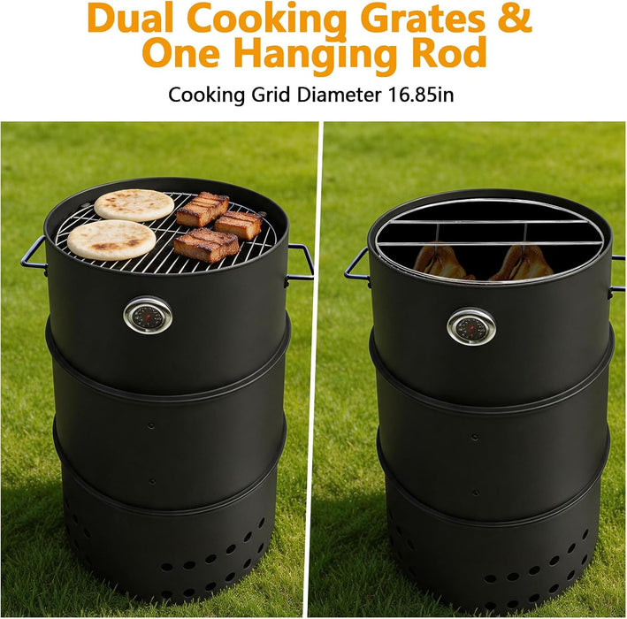Charcoal Smoker Grill, 20" Barrel Smoker, Outdoor Barbecue Grill, Ideal for BBQ, Party, Backyard, Patio, Cooking, Heavy Duty round Grill, Vertical Smoker
