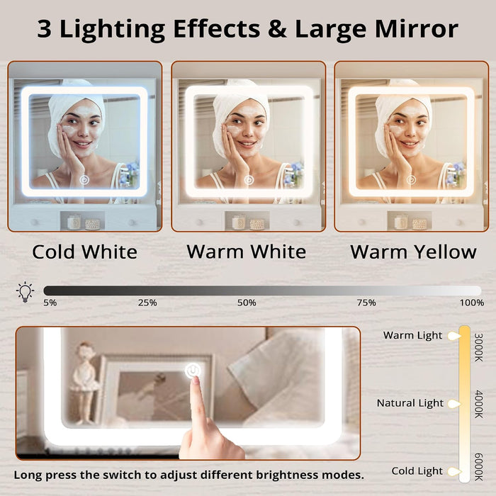 White Vanity Desk Illuminated Mirror Storage Cabinet