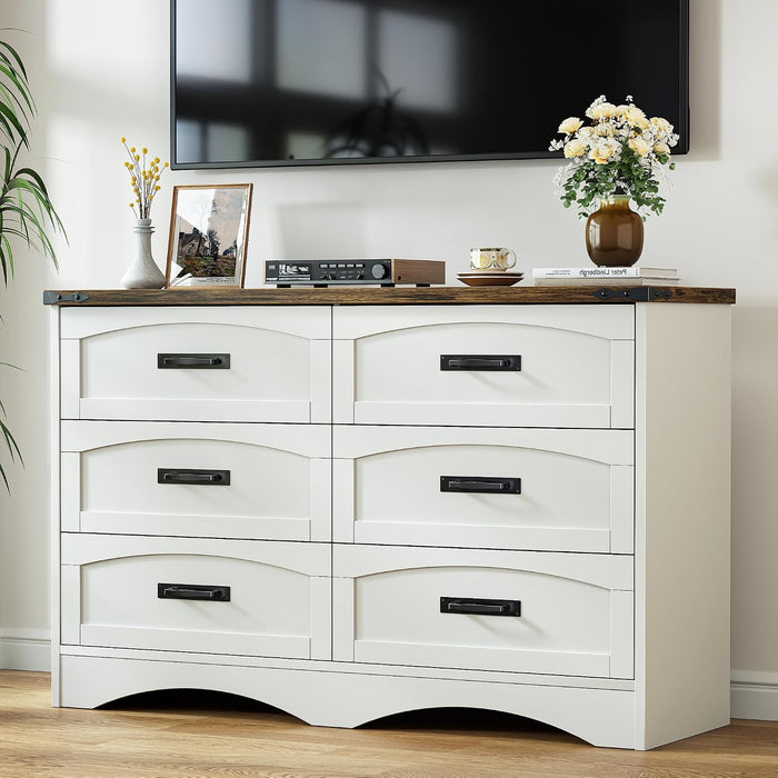 47" Farmhouse 6-Drawer Dresser for Bedroom, Pure White + Walnut