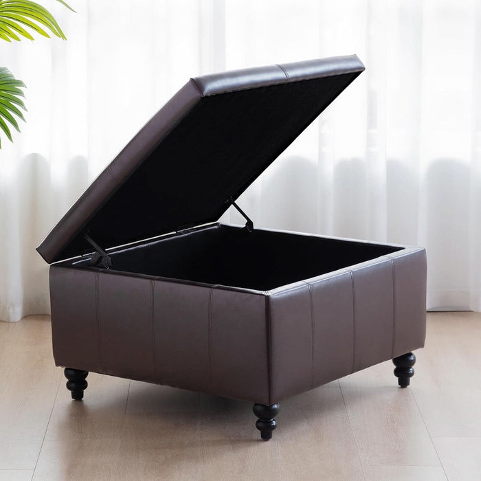 Square Leather Storage Ottoman,Ottoman Coffee Table with Storage for Living Room (Brown)