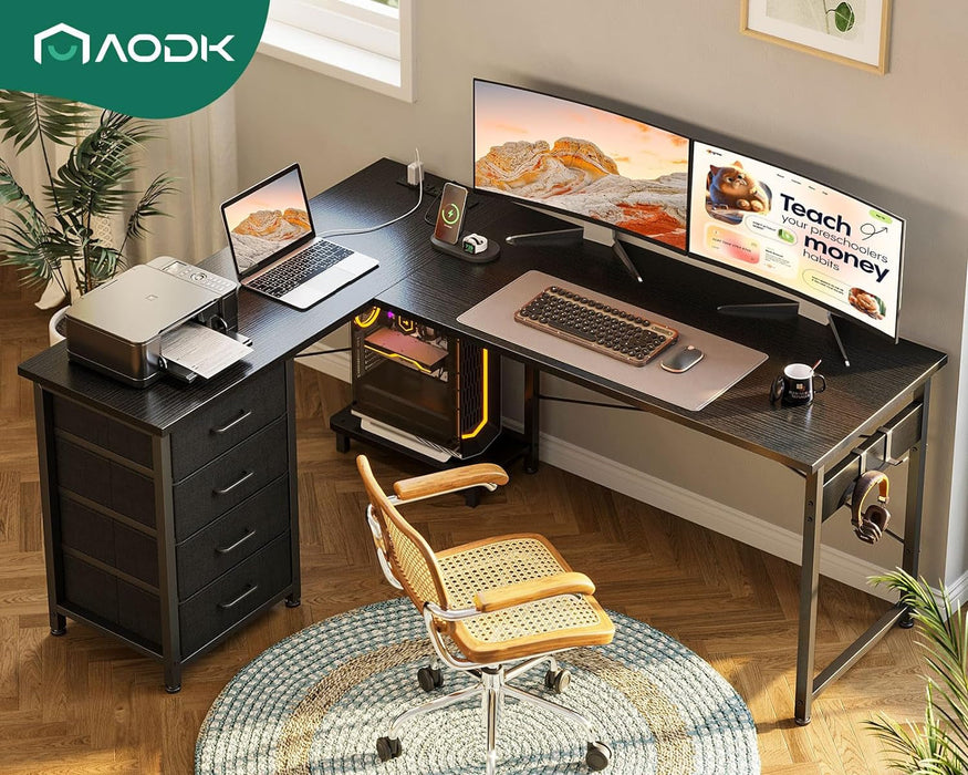 L Shaped Gaming Desk with 4 Drawers, 53" Reversible Home Office Desks with Power Outlets, L Shaped Computer Desk with USB Charging Port and Host Stand, Corner Desk, Easy to Assemble, Black