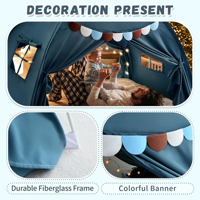 Full Size Bed Canopy for Kids, Toddler Bed Tent Dream Playhouse Privacy Floor Sleeping Tents Indoor under Bunk Bed Tent with Pennant Banners, Kid House Toys for Boys Girl Birthday