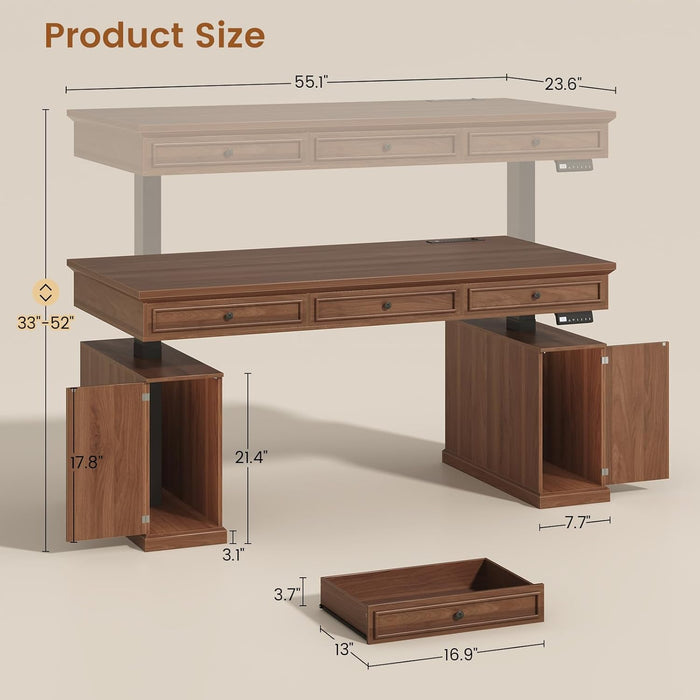Farmhouse Electric Standing Desk with 3 Drawers, 55.1" Height Adjustable Executive Office Desk with Storage Cabinet, Computer Sit Stand up Desk with Power Outlets for Home Office (Brown)